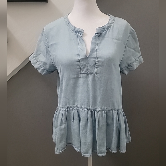 Harper Heritage Anthropologie 100% Tencel Med Chambray Stone Wash Top Blouse - Picture 1 of 5